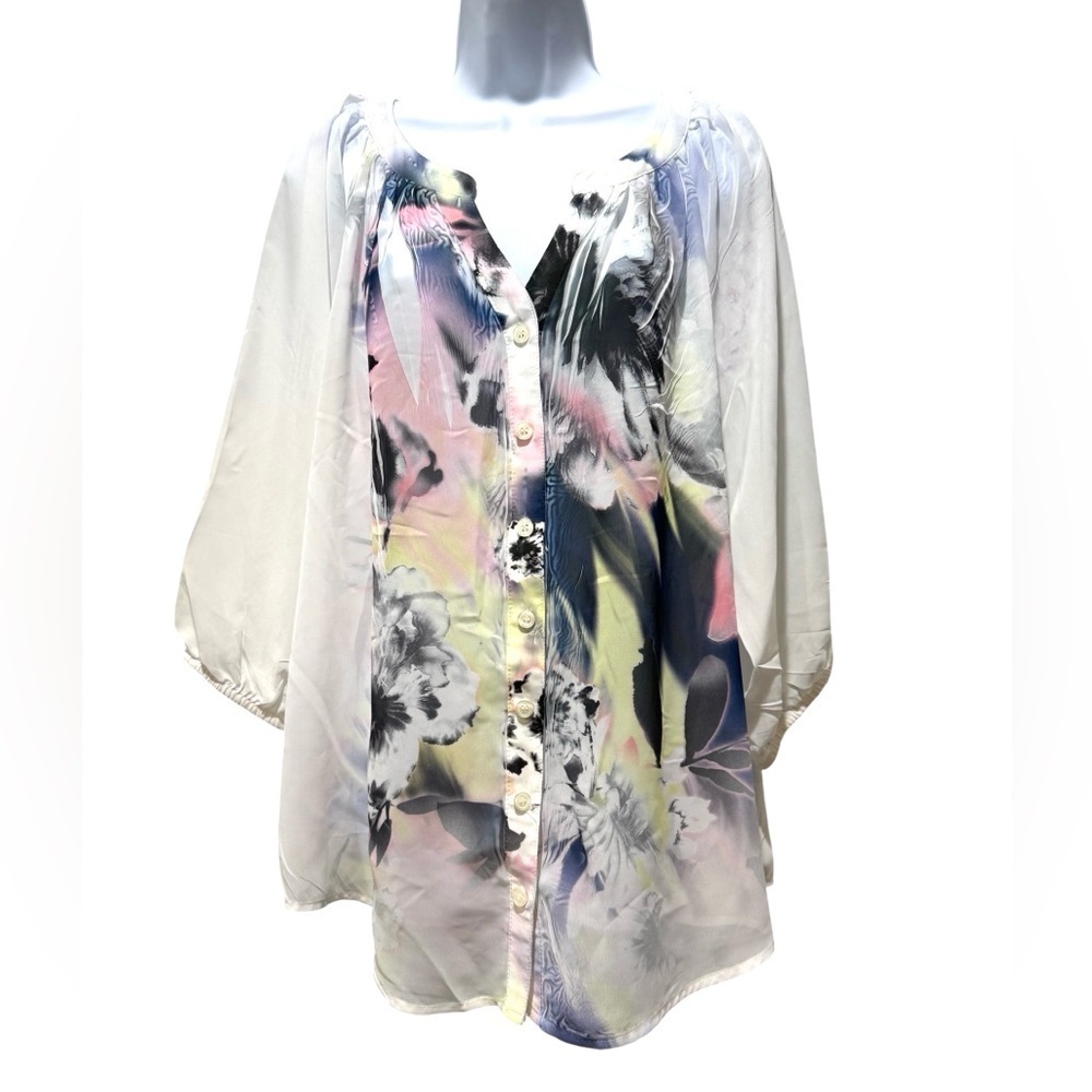 I.N. STUDIO Floral Sheer Button-Down Blouse Size 1X Blouson Sleeve Beach Boho